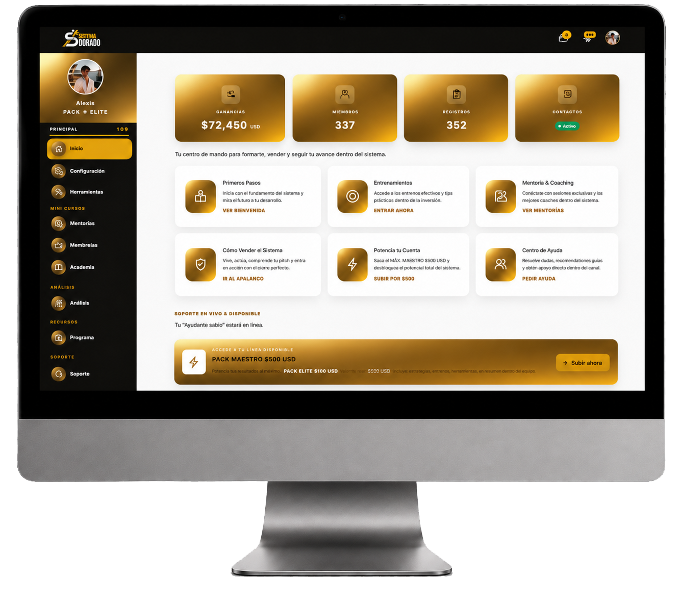 Dashboard de Sistema Dorado en computadora